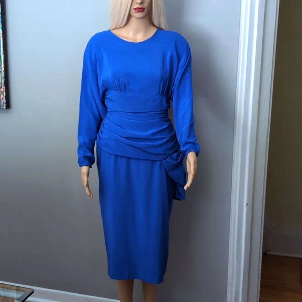 VINTAGE RELIN 100% SILK Dress. Royal Blue.Long Sleeve. Ruching+Bow. Midi Dress 8